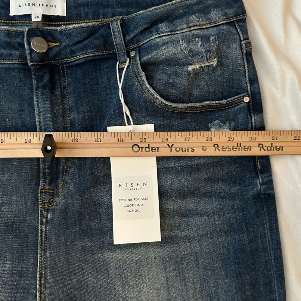 Risen High Rise Front Slit Frayed Hem Dark Flare Jeans Womens 2XL distressed NWT - Picture 7 of 10